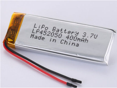 Gümüş folyo ve şeffaf PVC LP452050 3.7V 400MAH 50 mm Kırmızı tel polimer Li-ion şarj edilebilir hücre örneği kabul